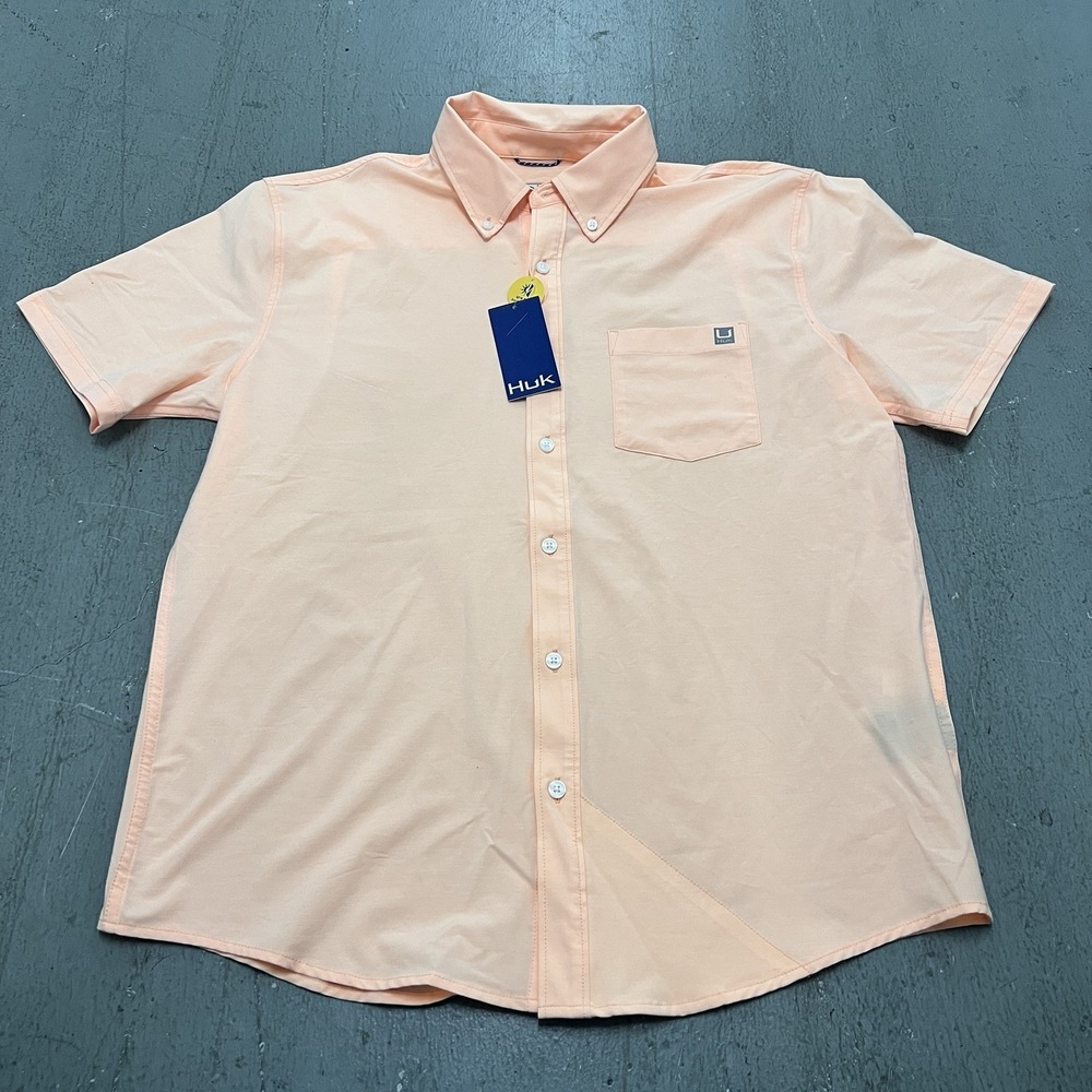 Huk Fishing Men's Short Sleeve Button Down Performance Shirt Peach Orange Medium